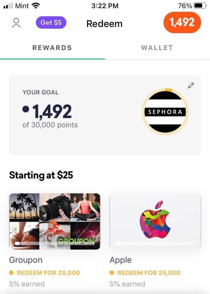 Rewards page in the Drop app showing Groupon, Apple, and Sephora prizes