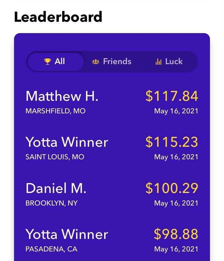 Leaderboard from the Yotta savings app