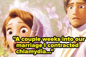 Animated couple at altar looking shocked behind "A couple weeks into our marriage I contracted chlamydia"