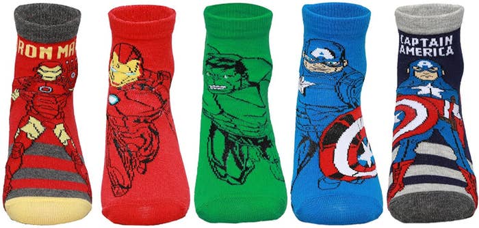This set includes two pairs of Iron Man socks, two pairs of Captain America socks and one pair of Hulk socks.