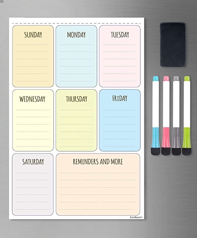 The magnetic dry erase board comes with separate boxes for each day and one extra box for notes and reminders.