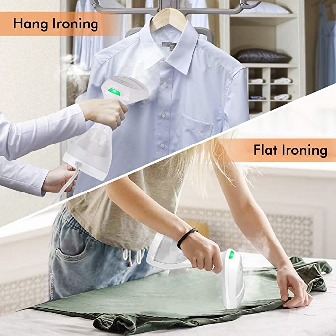 The top image shows a person ironing a shirt while it is still on a hanger. The bottom image shows a person flat ironing a tshirt.