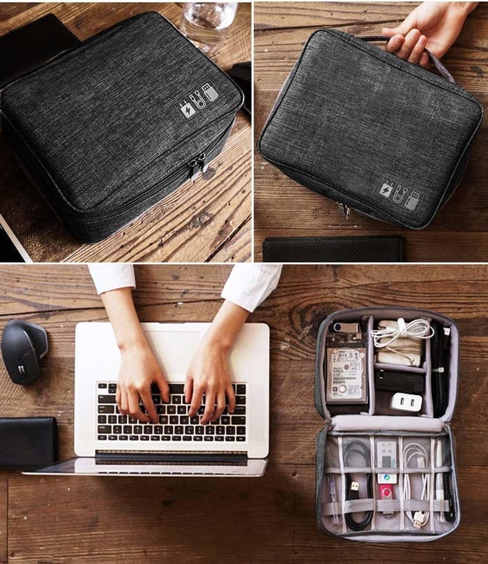 The gadget organiser pictured closed and wide open while a person works on a laptop next to it.