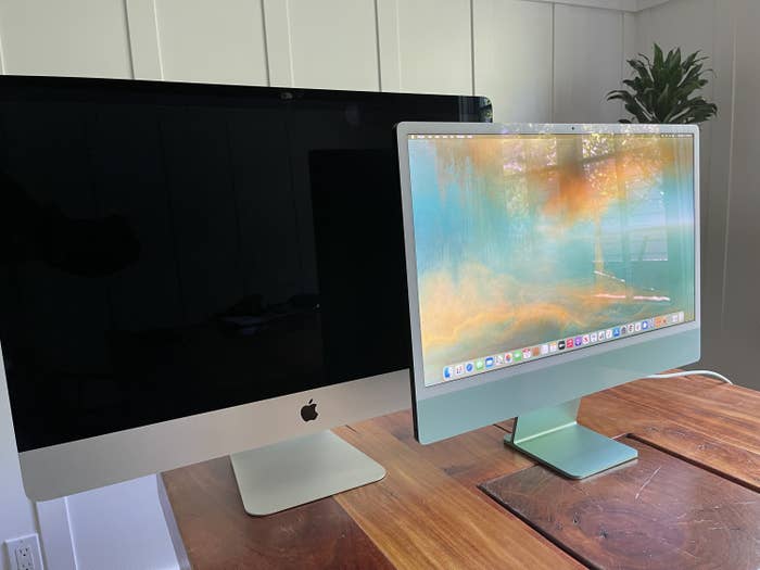 A new, smaller iMac sits beside an older model