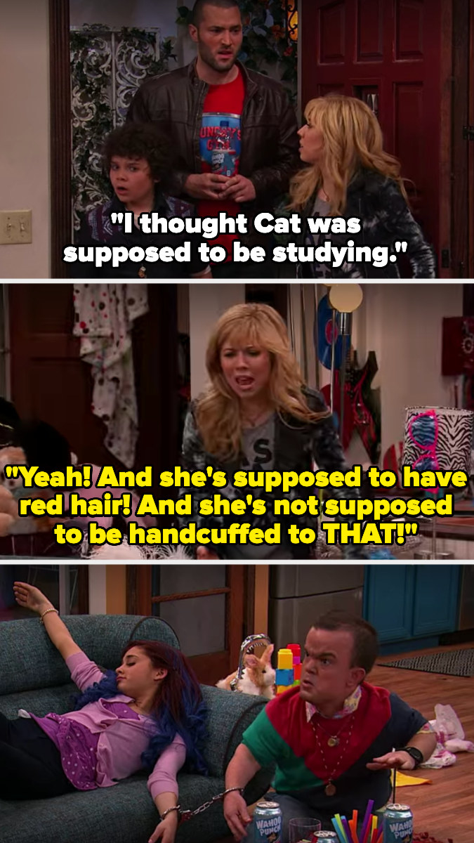 Sam says Cat is supposed to be studying, have red hair, and not supposed to be handcuffed to &quot;that&quot; (referring to a man with dwarfism who is handcuffed to her)