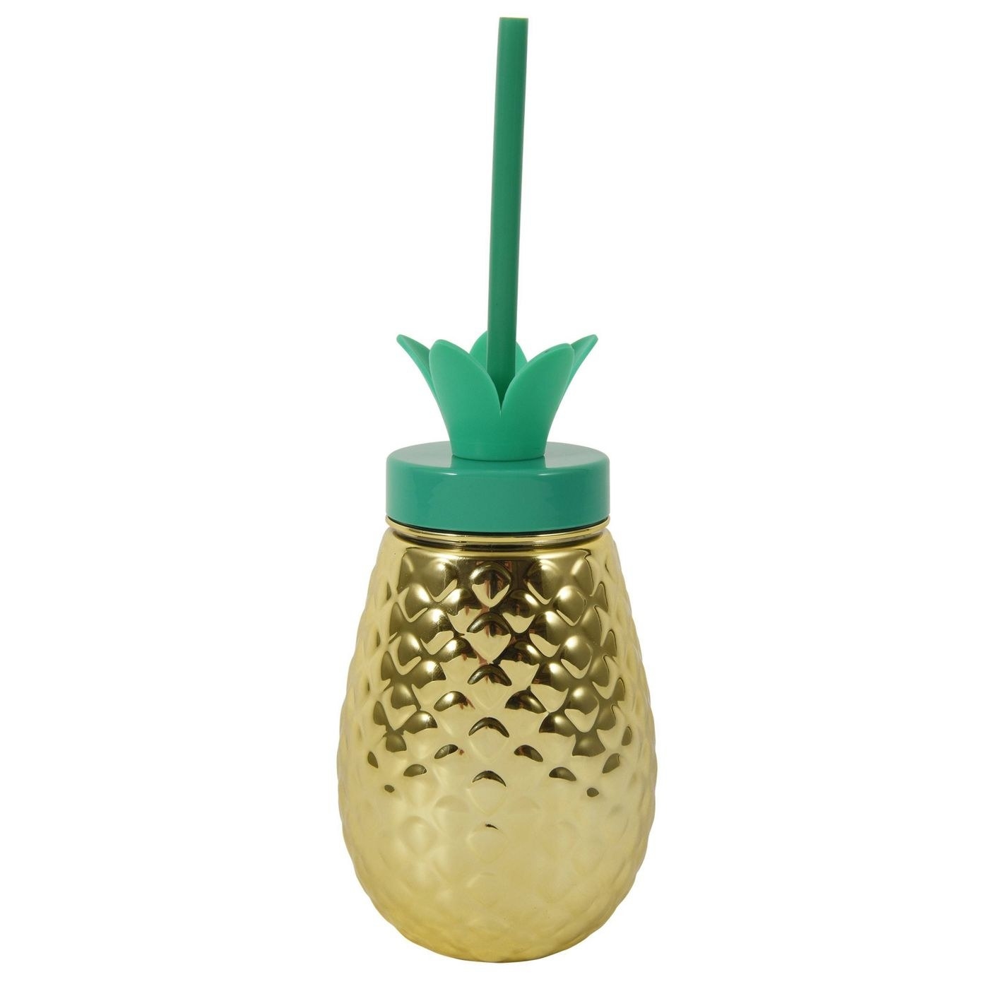 The gold and green cup with lid and straw