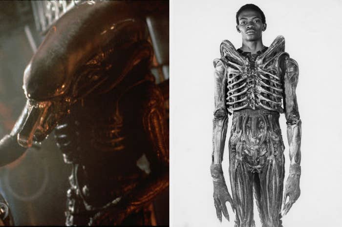 the alien creature from the alien franchise with the mask off, revealing the actor beneath 