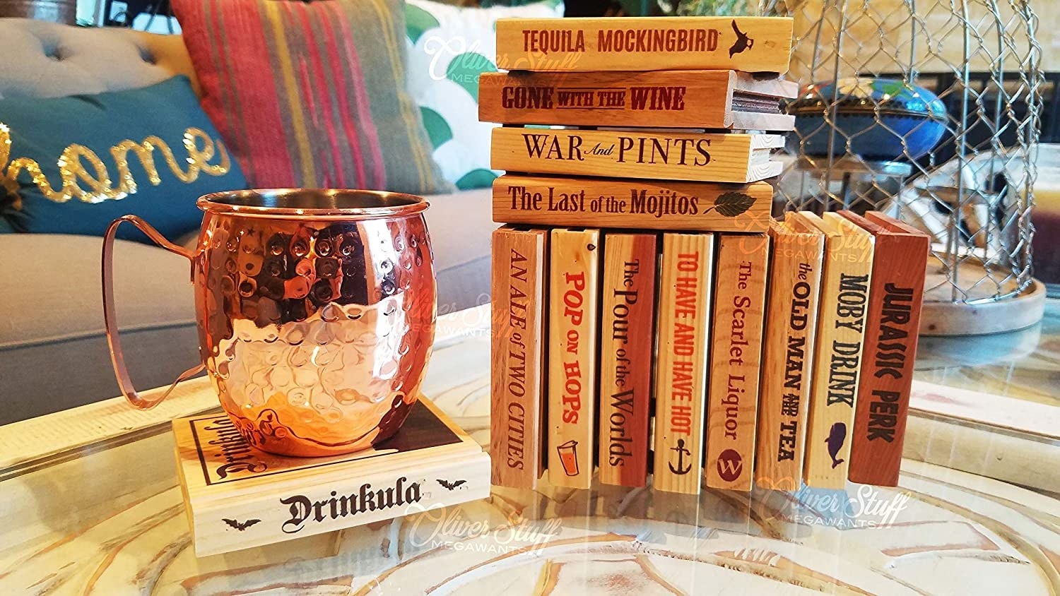 The set of coasters that looks like books but with titles like &quot;Drinkula&quot; and &quot;Gone with the Wine&quot;
