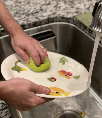 A reviewer using the cloth to clean a plate