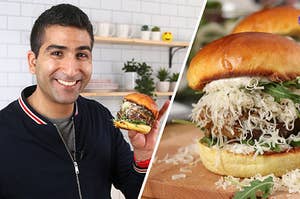 A man holding a burger on the left and on the right is a closeup shot of the burger