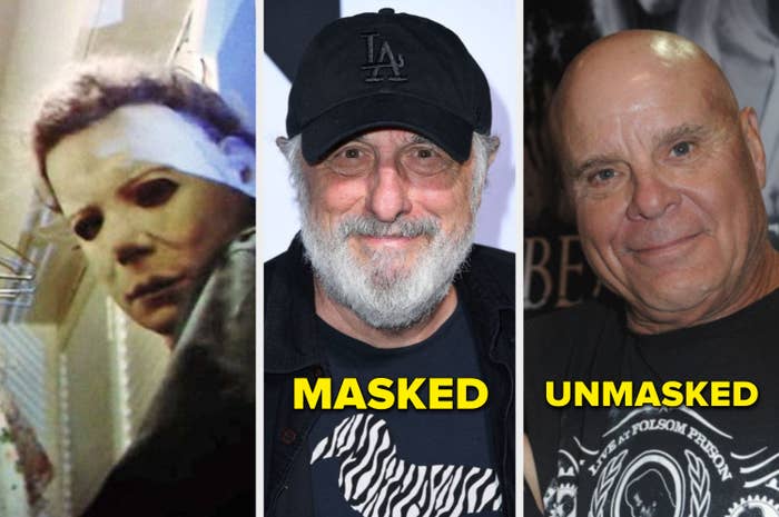 Michael Myers bursting through a closet door next to the actor who played him