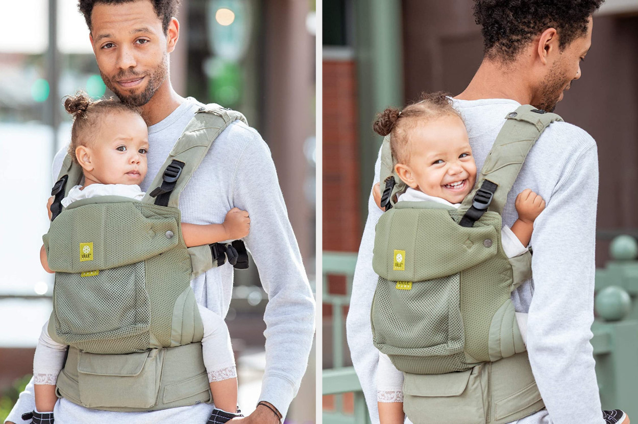 Split image of a parent wearing the green baby carrier with the child held from the front and the back respectively 