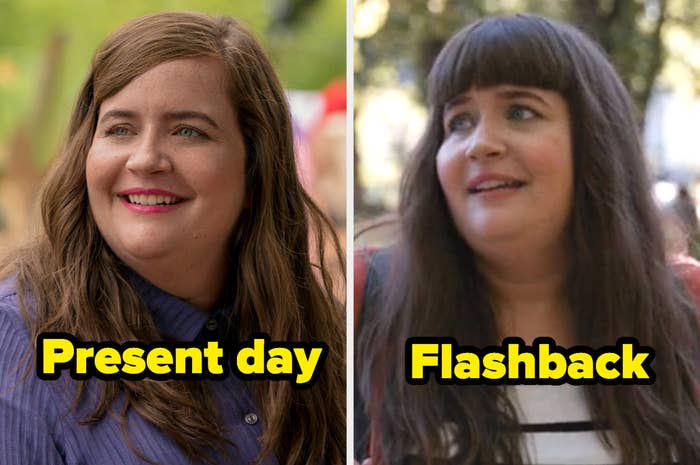 Present-day Annie with a side part and smiling next to flashback Annie with thick straight bangs.