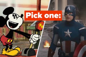 Mickey Mouse is on the left pulling a lever with Captain America on the right labeled, "Pick one:"