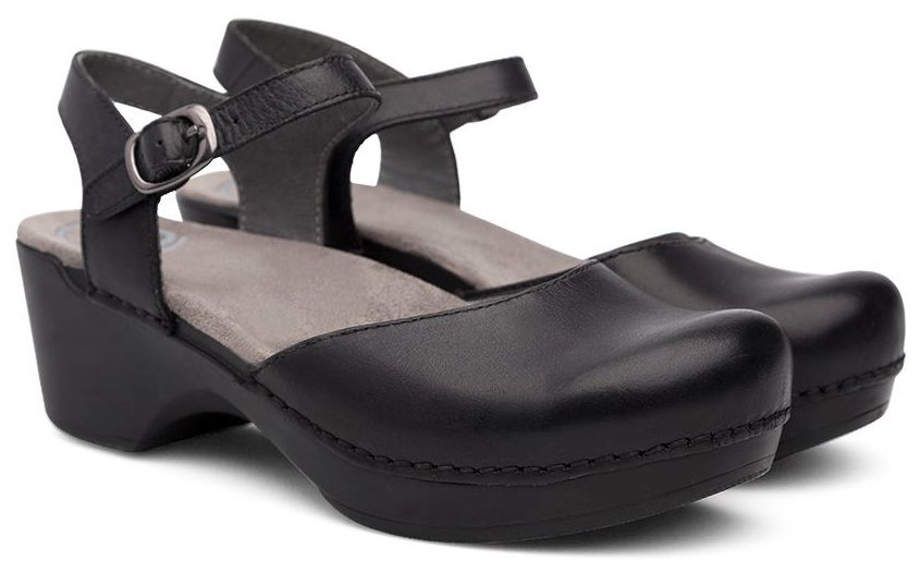 pair of black, 1&quot;-heeled sandals with toe platform to match (keeping toes naturally aligned) and an ankle strap to help keep them on