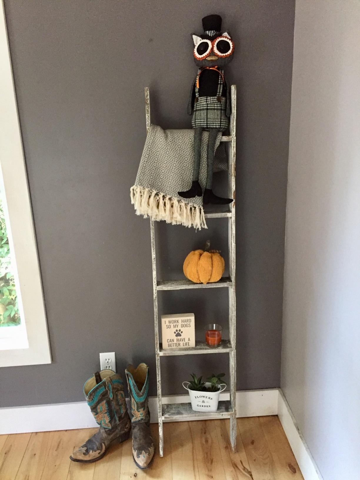 The ladder in the corner of a reviewer&#x27;s home leaning against the wall holding a blanket, candle and other items