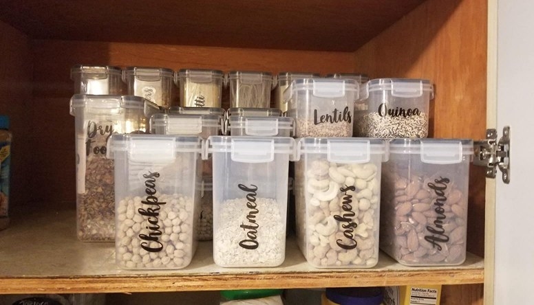 The food containers labeled nicely in a reviewer&#x27;s pantry 