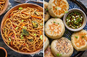 lo mein and dumplings