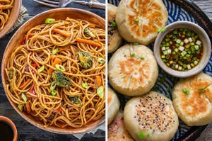 lo mein and dumplings