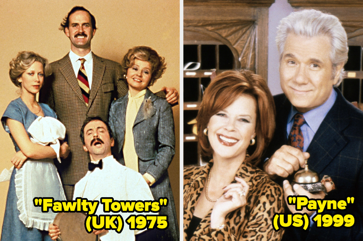 The cast of Fawlty Towers posing for a group photo, The cast of Payne posing for a photo while holding a bell