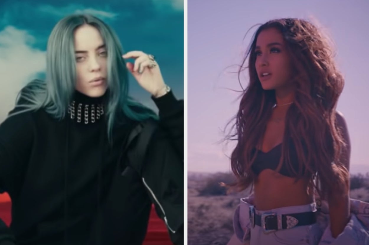 Billie Eilish is on the left leaning on her knee with Ariana Grande on the right in the wilderness