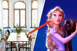 A dining room tables sits in front of three large bay windows and Princess Rapunzel stares up in awe while clutching the bow of a boat.