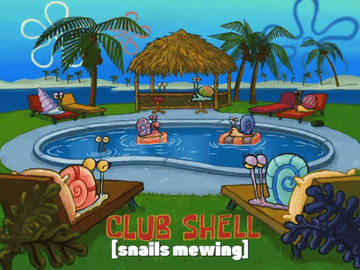 a gif of snails sitting in lounge chairs around a pool with text reading &quot;club she&#x27;ll&quot; 