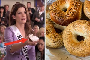 On the left, Sandra Bullock holding up a bagel with cream cheese on it as Gracie in "Miss Congeniality" with an arrow pointing to it, and on the right, various bagels