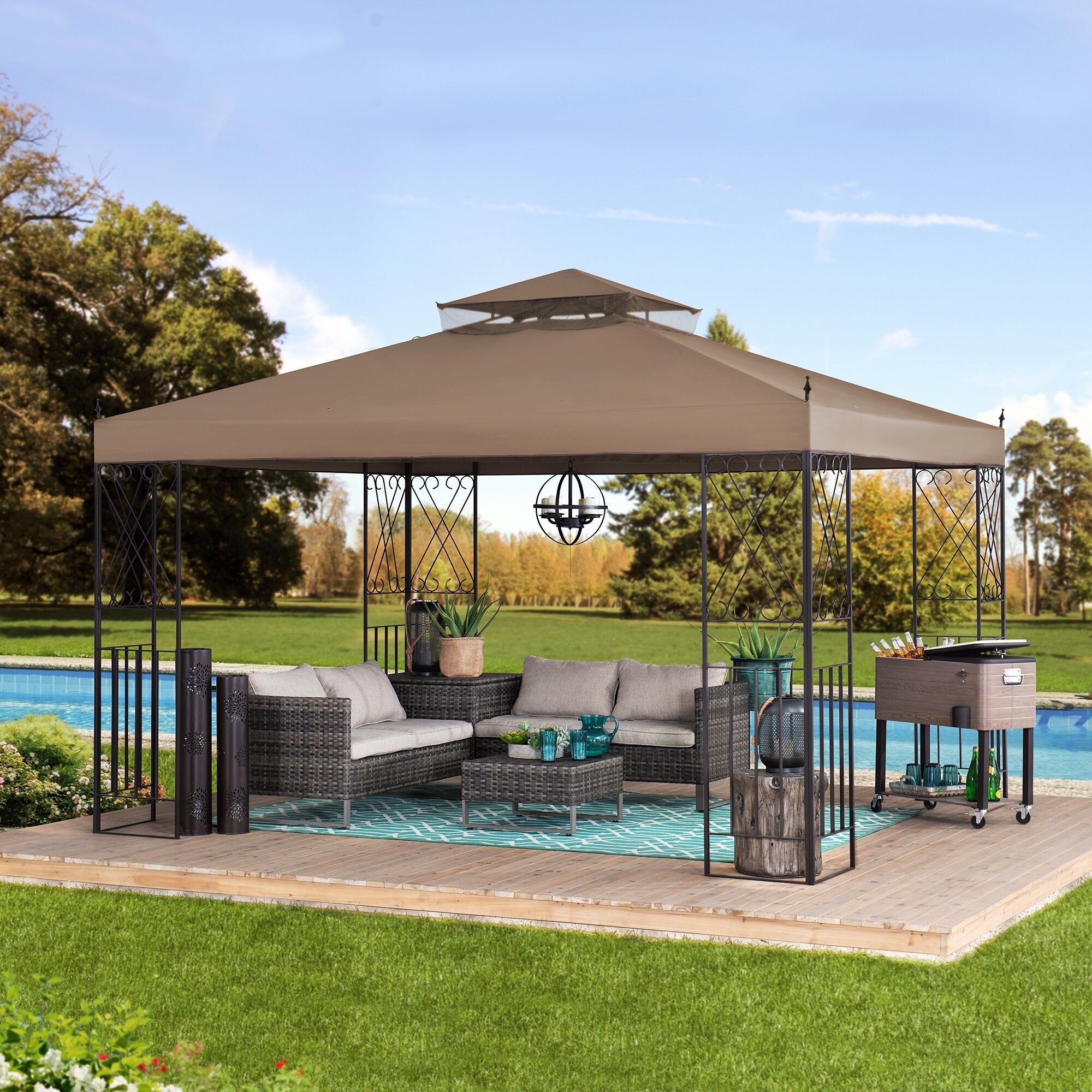 the brown gazebo which has a two-tier roof for extra airflow