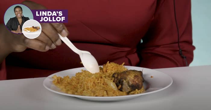 Woman tries Linda's jollof.