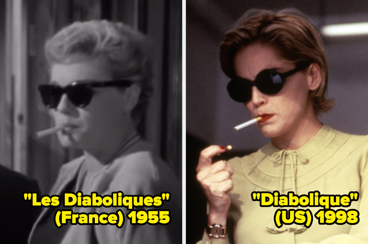 Simone Signoret and Sharon Stone wearing sunglasses and smoking a cigarette