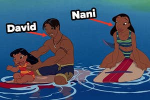 Lilo, her sister, Nani, and their friend, David, sit on surf boards on the ocean.