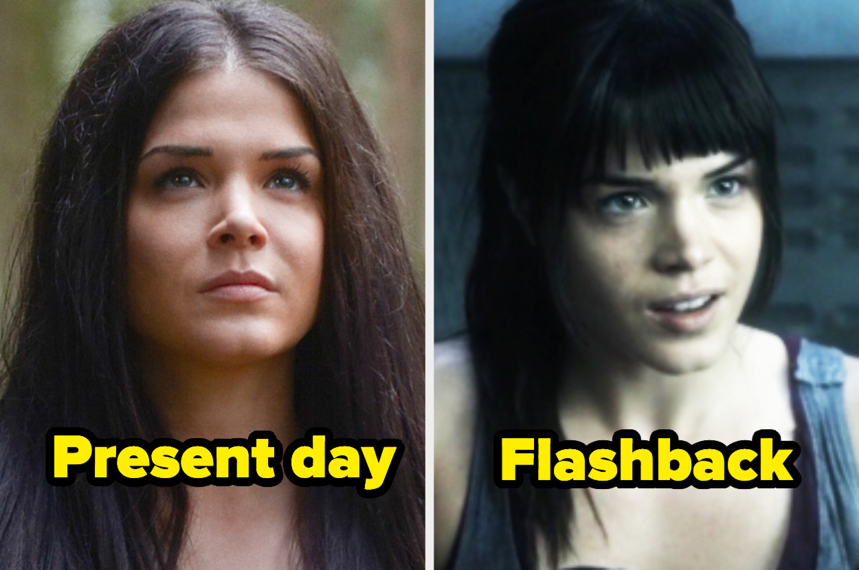 Present-day Octavia with a middle part and straight hair next to flashback Octavia with a high ponytail and thick bangs. 