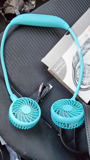 reviewer's bright blue neck fan 