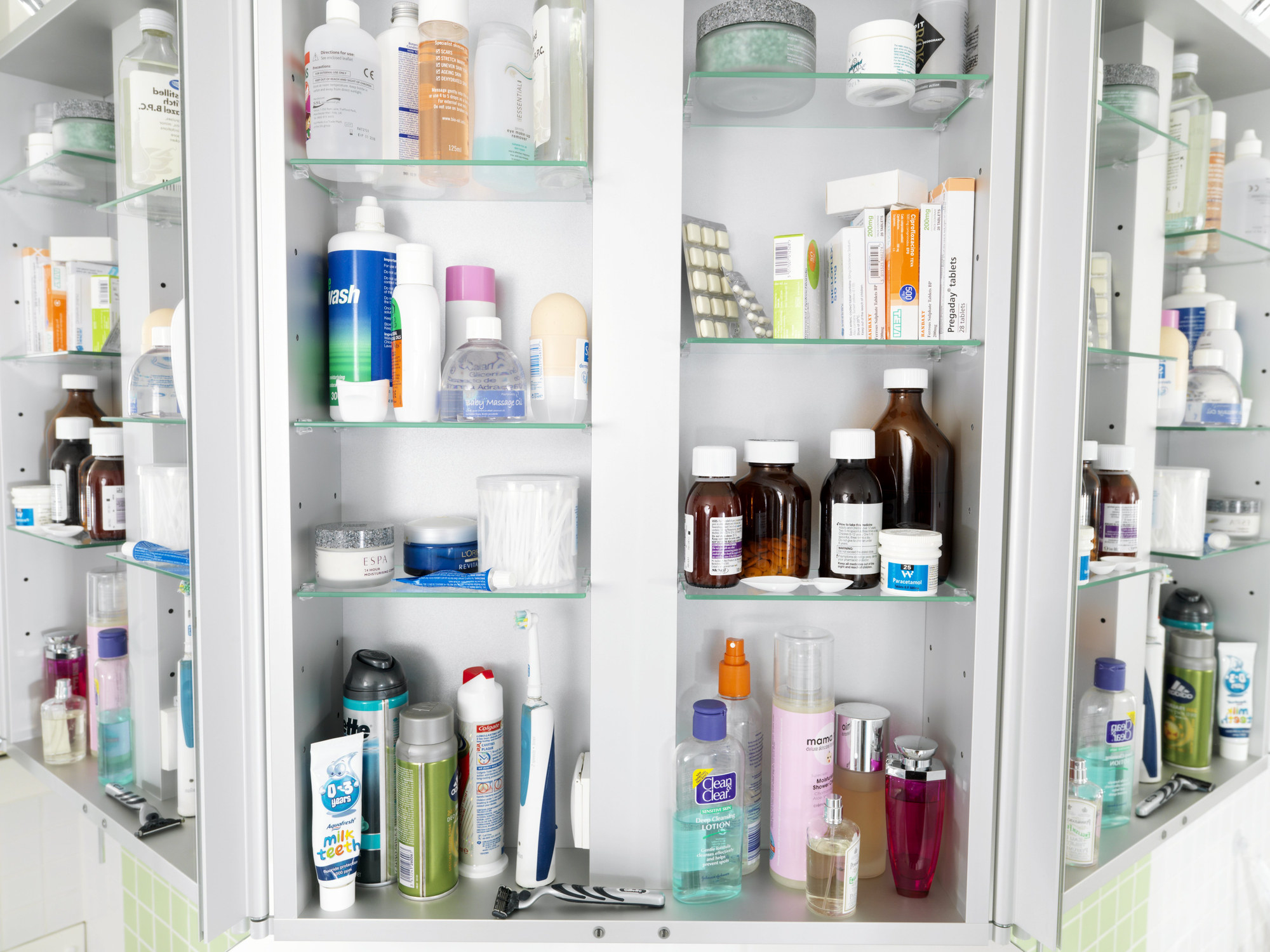 A packed medicine cabinet