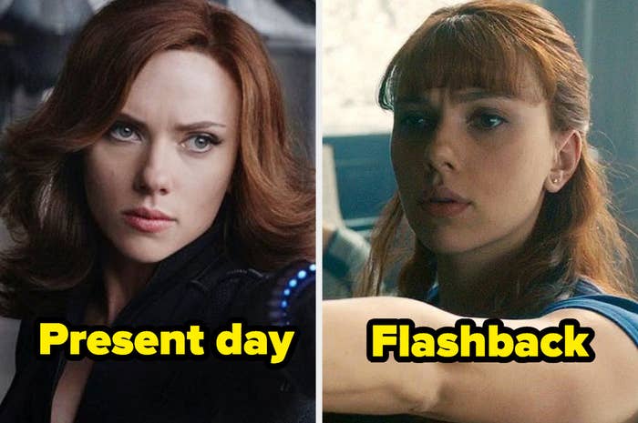 Present-day Black Widow with swoopy hair and middle part next to flashback Black Widow with floppy bangs. 