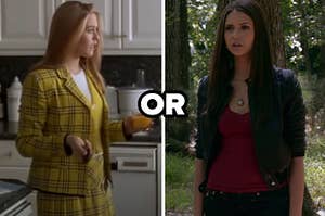 Cher's yellow plaid outfit or Elena's red t-shirt and leather jacket