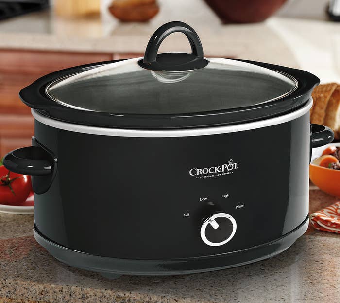 The black Crock Pot on a counter