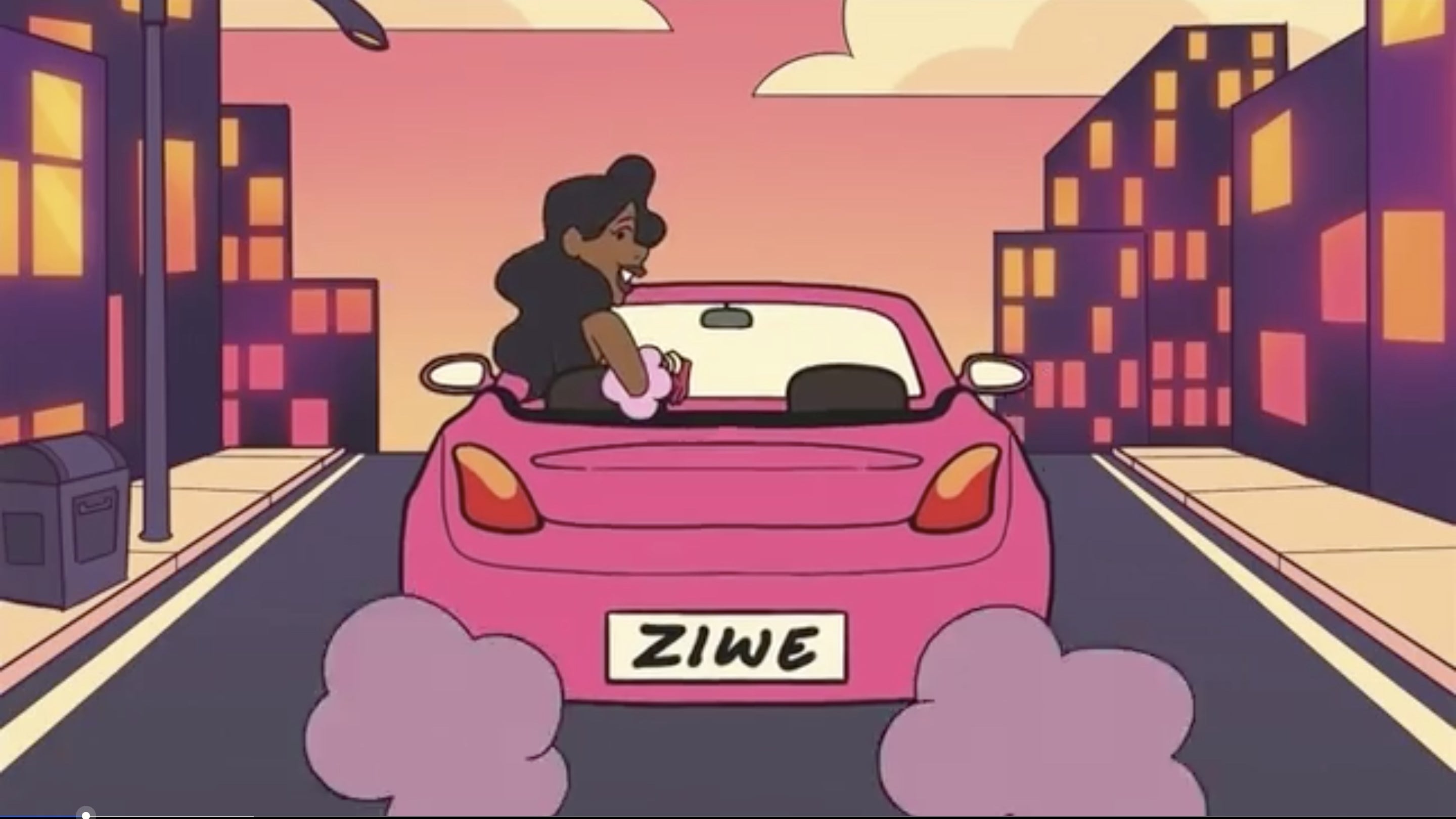 Animated Ziwe driving away in pink convertable.