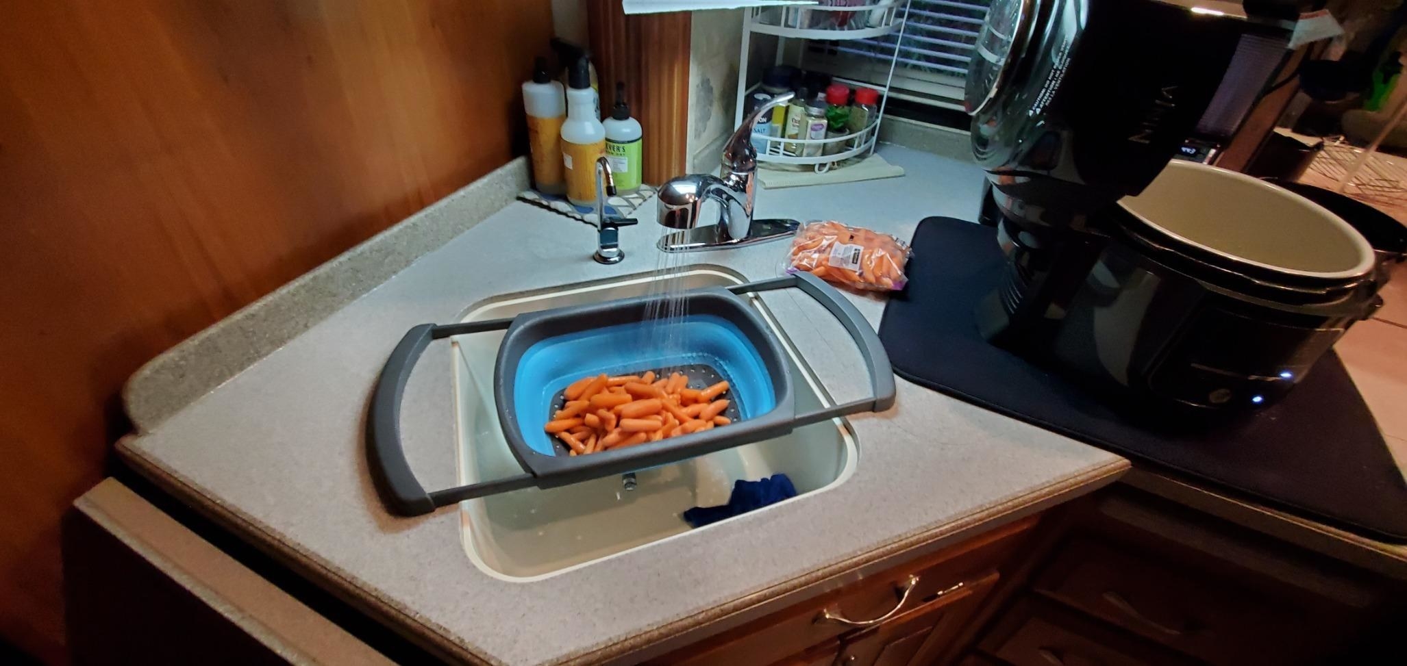the collapsible colander containing carrot sticks