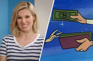 Kristen Bell and some animated money coming out of a wallet