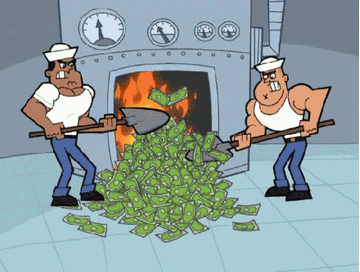 Two animated men putting money in the fire