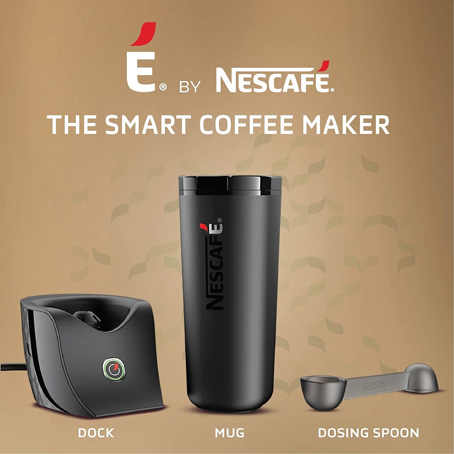 The smart coffee maker includes a mug, dock, and a dosing spoon.