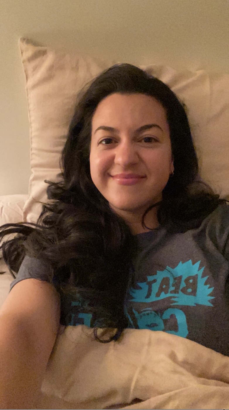 The author smiling before bed