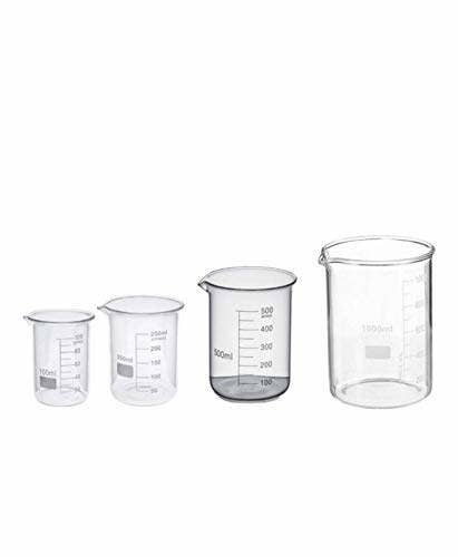 4 glass beakers in ascending sizes.