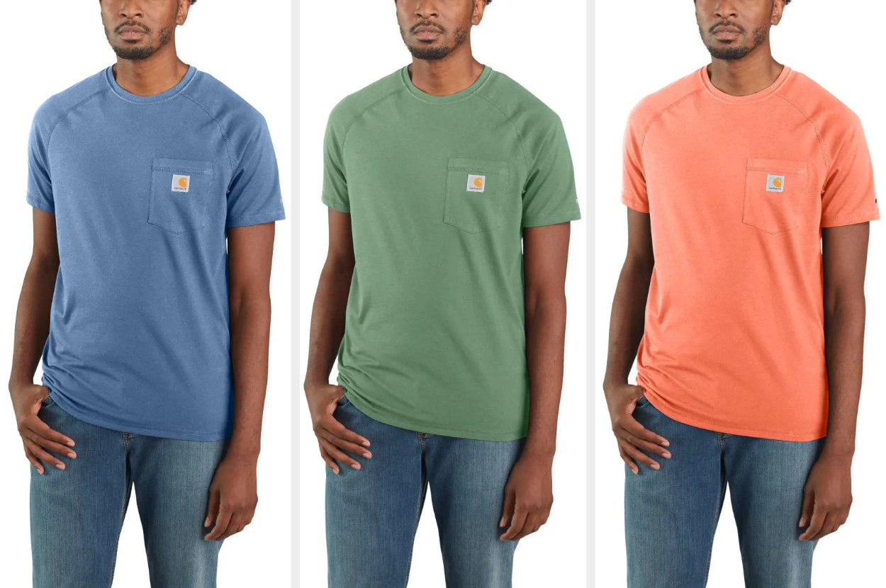 Triptych image of model wearing the same T-shirt in blue, green, and orange