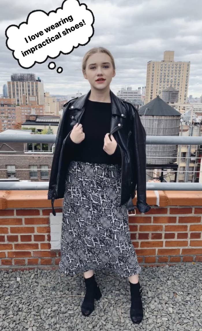 Author wearing heels with thought bubble "I love wearing impractical shoes"