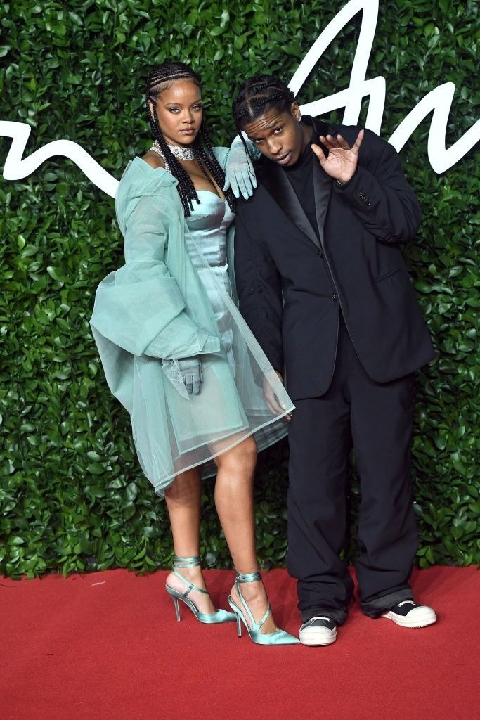 Rihanna and Asap Rocky posing on the red carpet