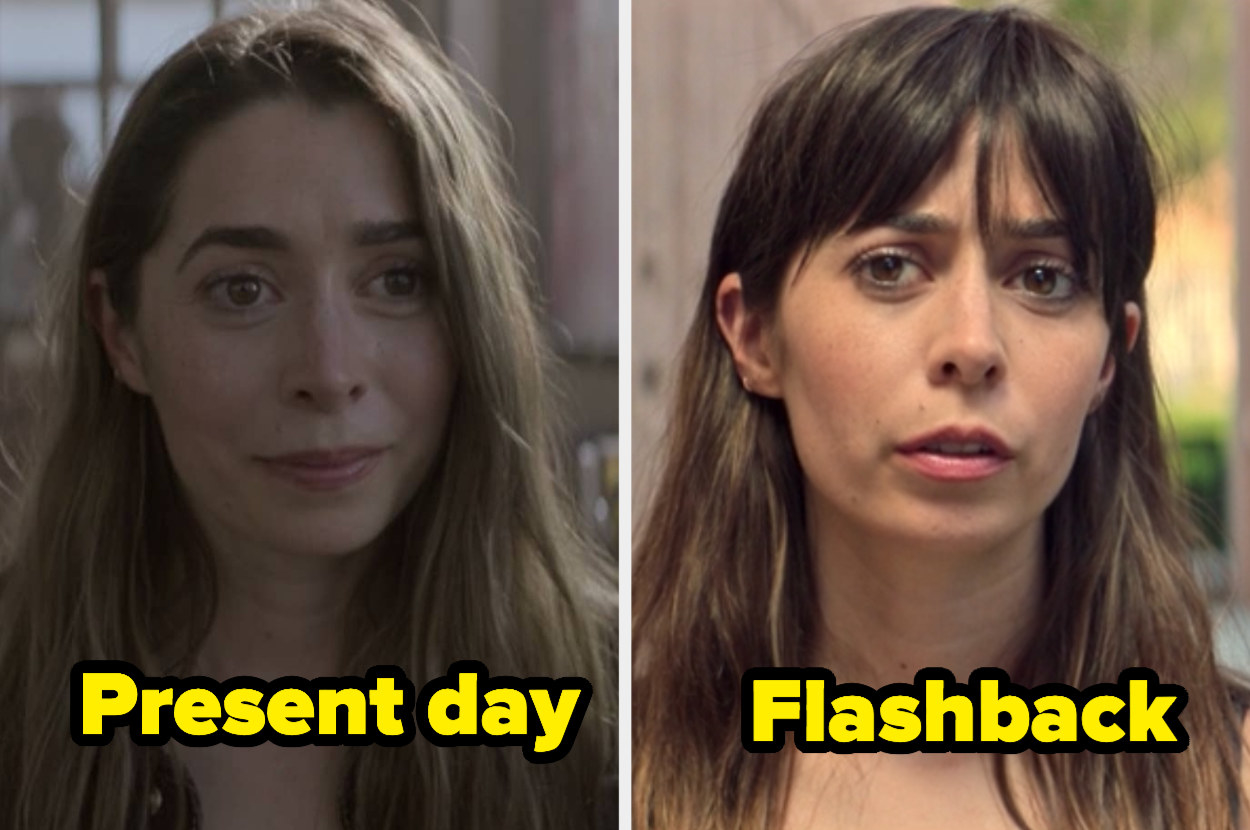 Present-day Hazel with straight hair and a side part next to flashback Hazel with straight hair and poufy bangs.