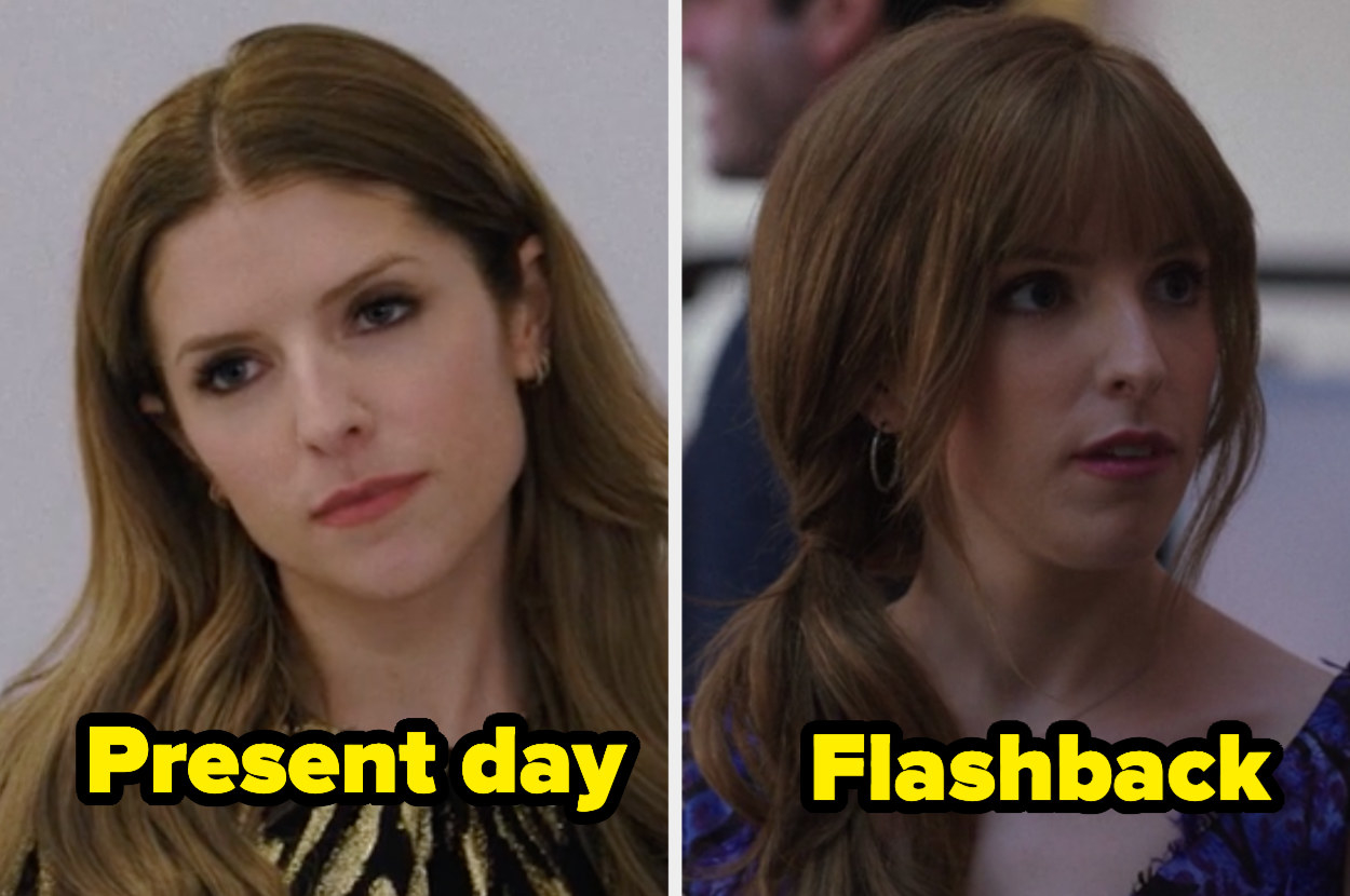 Present-day Darby with a wavy hair and middle part and flashback Darby with a side ponytail with bangs and layers. 